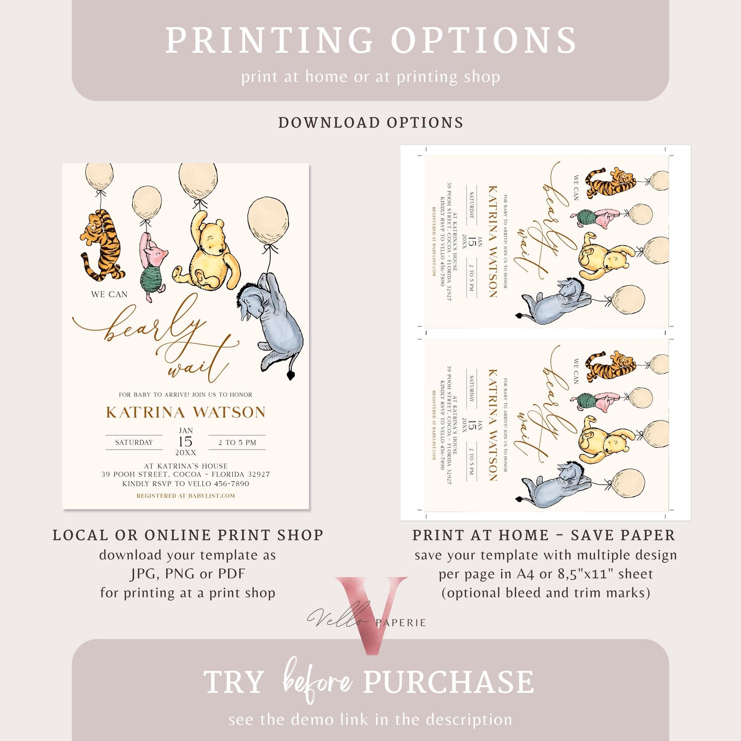 Neutral Winnie the Pooh Balloon Baby Shower Invitation | Editable Printable Beige, Bearly Wait Baby Shower Party Invitation