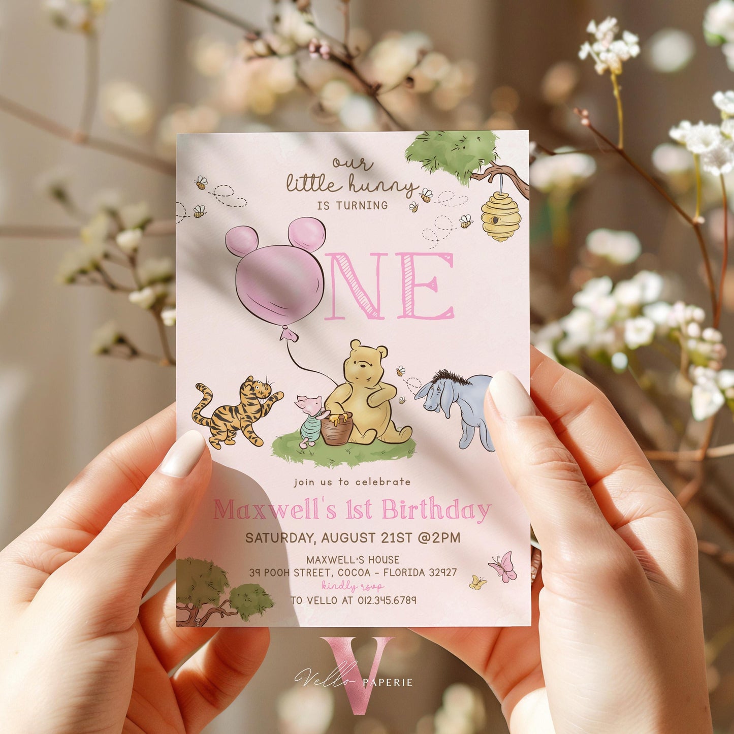 Classic Winnie the Pooh First Birthday Invitation | Editable Winnie The Pooh 1st Birthday Party Invite | Pink Balloon Pooh and Friends