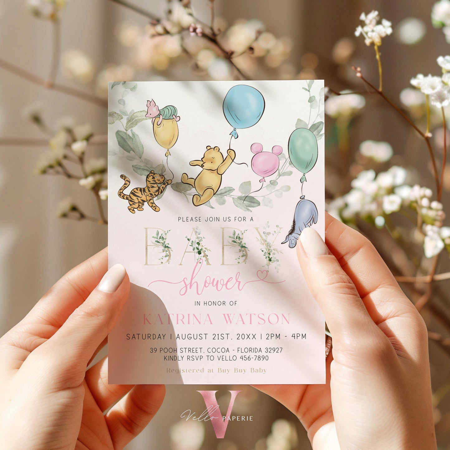 Soft Pink Winnie the Pooh Colorful Balloon Baby Shower Invitation | Editable Printable Pink Greenery, Bearly Wait Baby Shower Party Invite