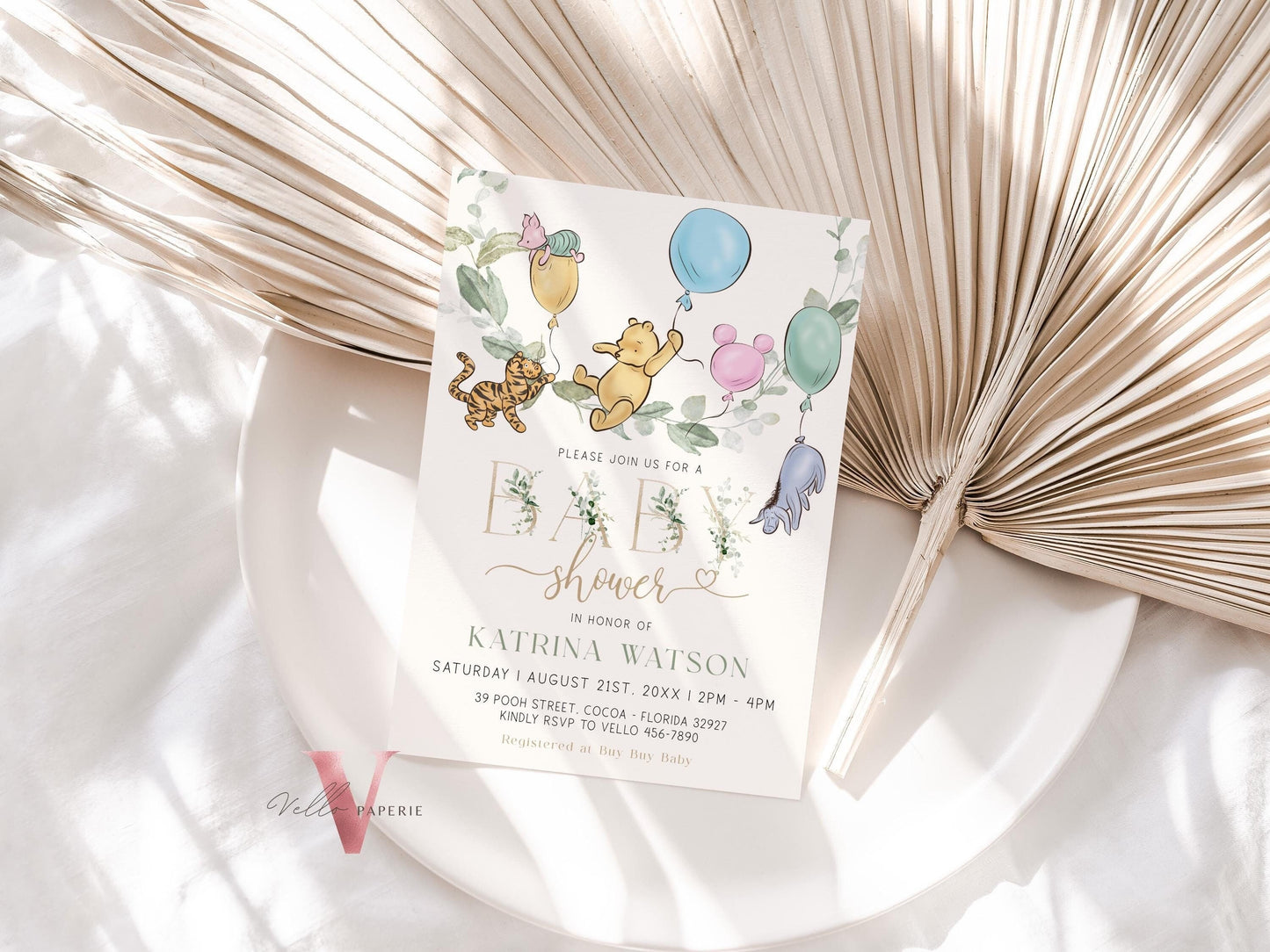 Neutral Winnie the Pooh Balloon Baby Shower Invitation | Editable Printable Beige Greenery, Bearly Wait Baby Shower Party Invite