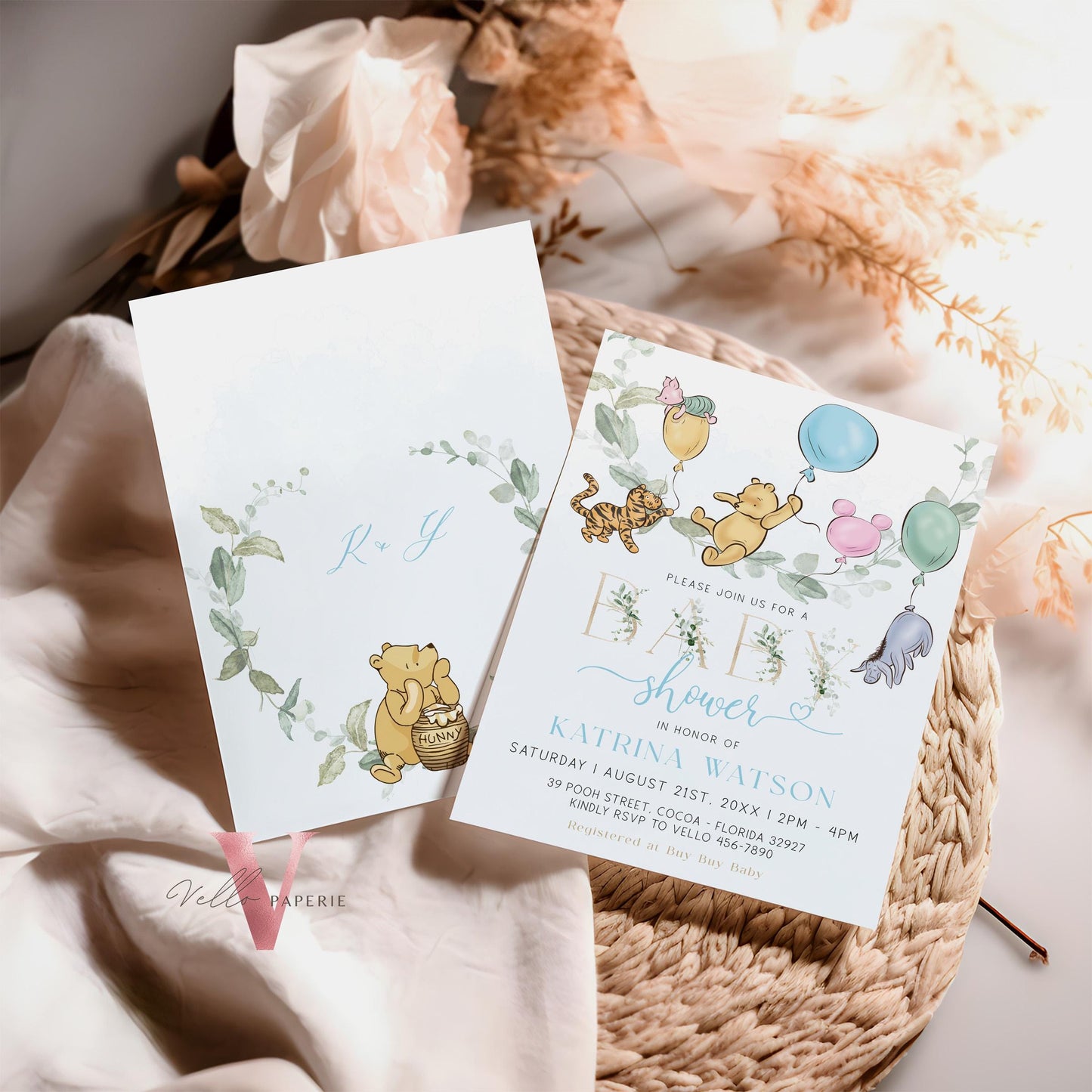 Soft Blue Winnie the Pooh Colorful Balloon Baby Shower Invitation | Editable Printable Blue Greenery, Bearly Wait Baby Shower Party Invite