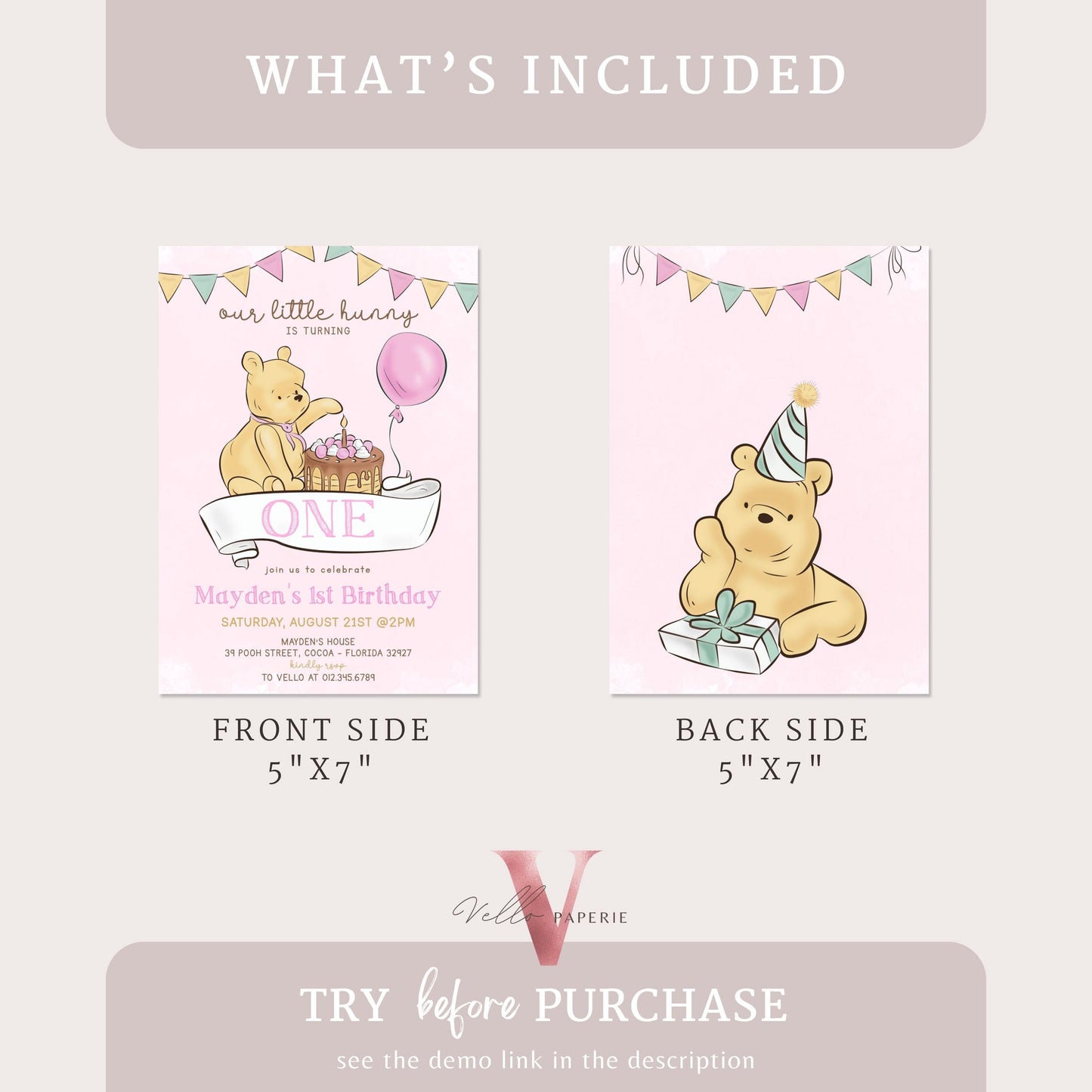 Classic Winnie the Pooh First /Any Age Birthday Invitation | Editable Winnie The Pooh Any Age Birthday Party Invite | Pink Balloon Pooh Cake