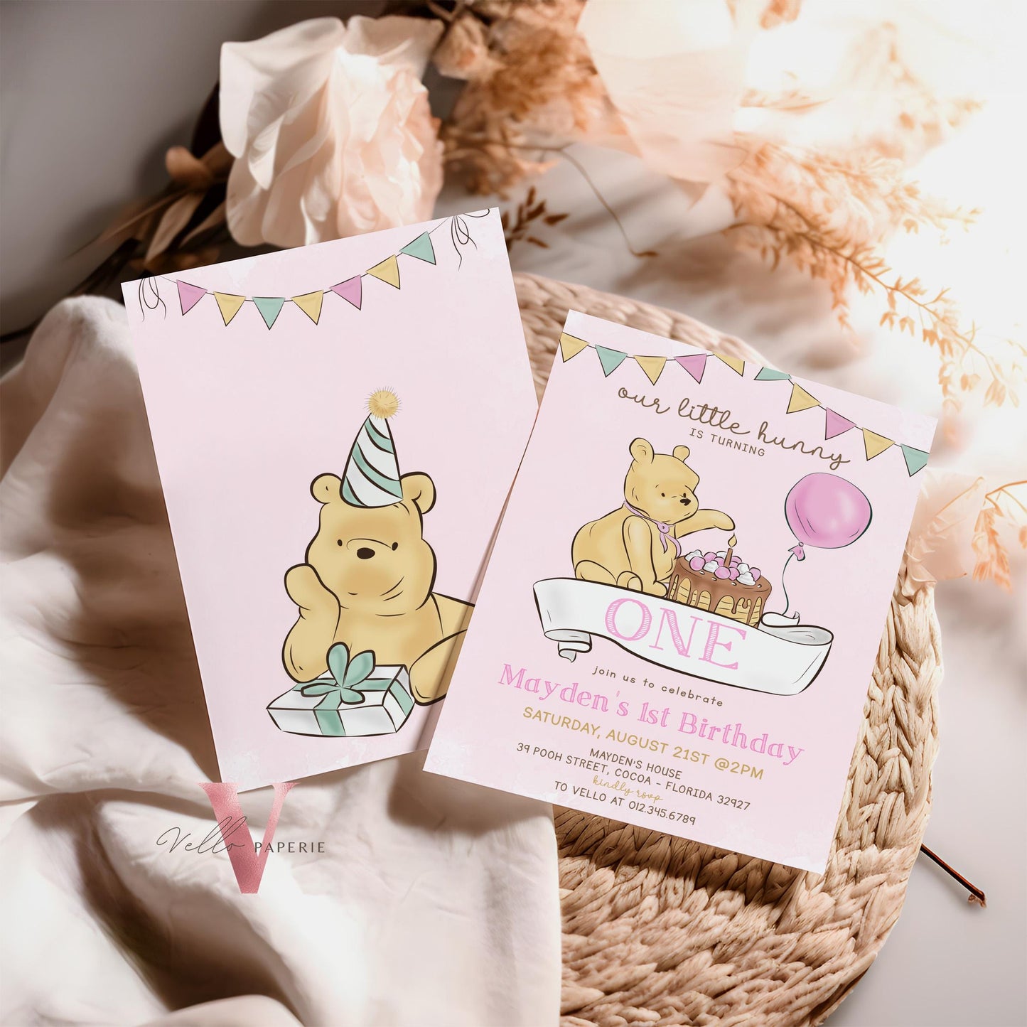 Classic Winnie the Pooh First /Any Age Birthday Invitation | Editable Winnie The Pooh Any Age Birthday Party Invite | Pink Balloon Pooh Cake