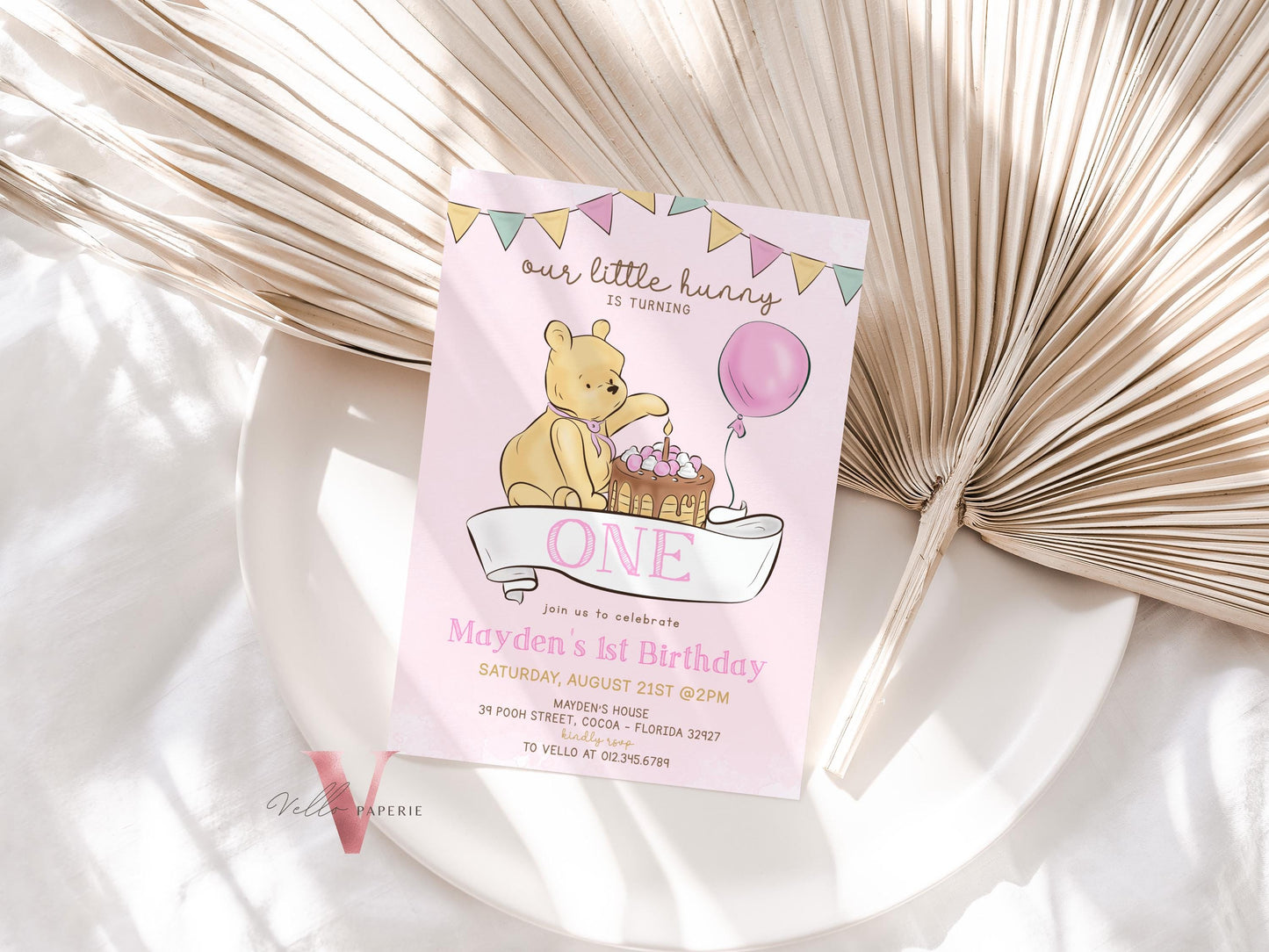 Classic Winnie the Pooh First /Any Age Birthday Invitation | Editable Winnie The Pooh Any Age Birthday Party Invite | Pink Balloon Pooh Cake