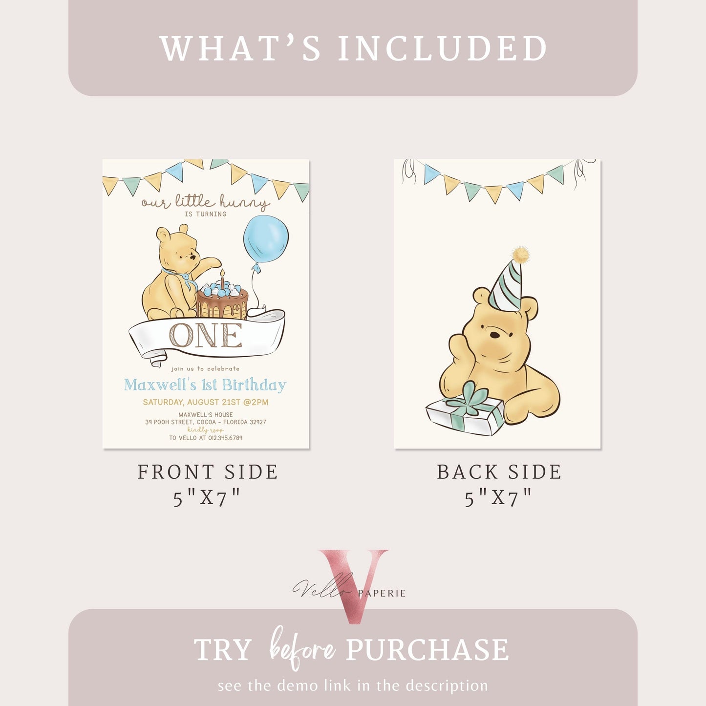 Classic Winnie the Pooh First /Any Age Birthday Invitation | Editable Winnie The Pooh Any Age Birthday Party Invite | Blue Balloon Pooh Cake