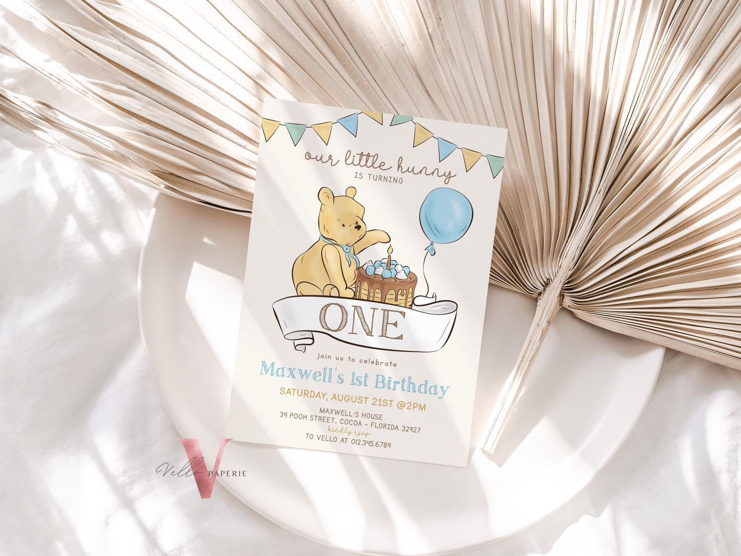 Classic Winnie the Pooh First /Any Age Birthday Invitation | Editable Winnie The Pooh Any Age Birthday Party Invite | Blue Balloon Pooh Cake