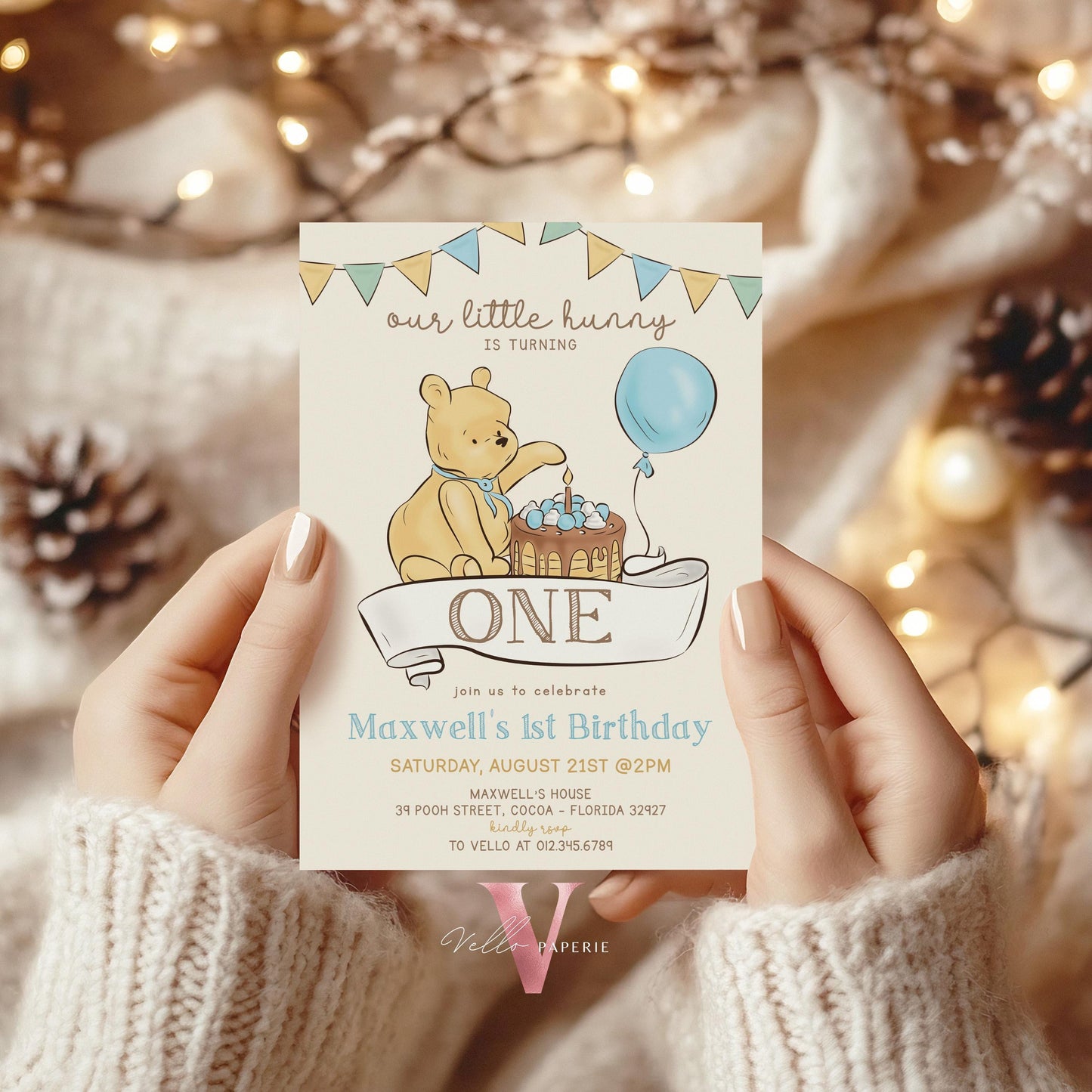 Classic Winnie the Pooh First /Any Age Birthday Invitation | Editable Winnie The Pooh Any Age Birthday Party Invite | Blue Balloon Pooh Cake