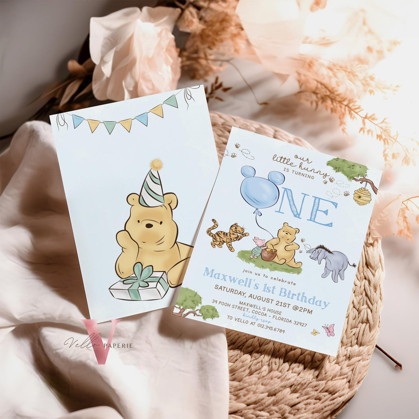 Classic Winnie the Pooh First Birthday Invitation | Editable Winnie The Pooh 1st Birthday Party Invite | Blue Balloon Pooh and Friends