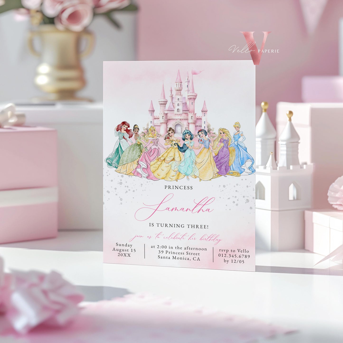 Editable Full Princess Royal Birthday Invitation | Once Upon a Time Birthday Party Girl | Blush Pink Silver Princess Watercolor Invite