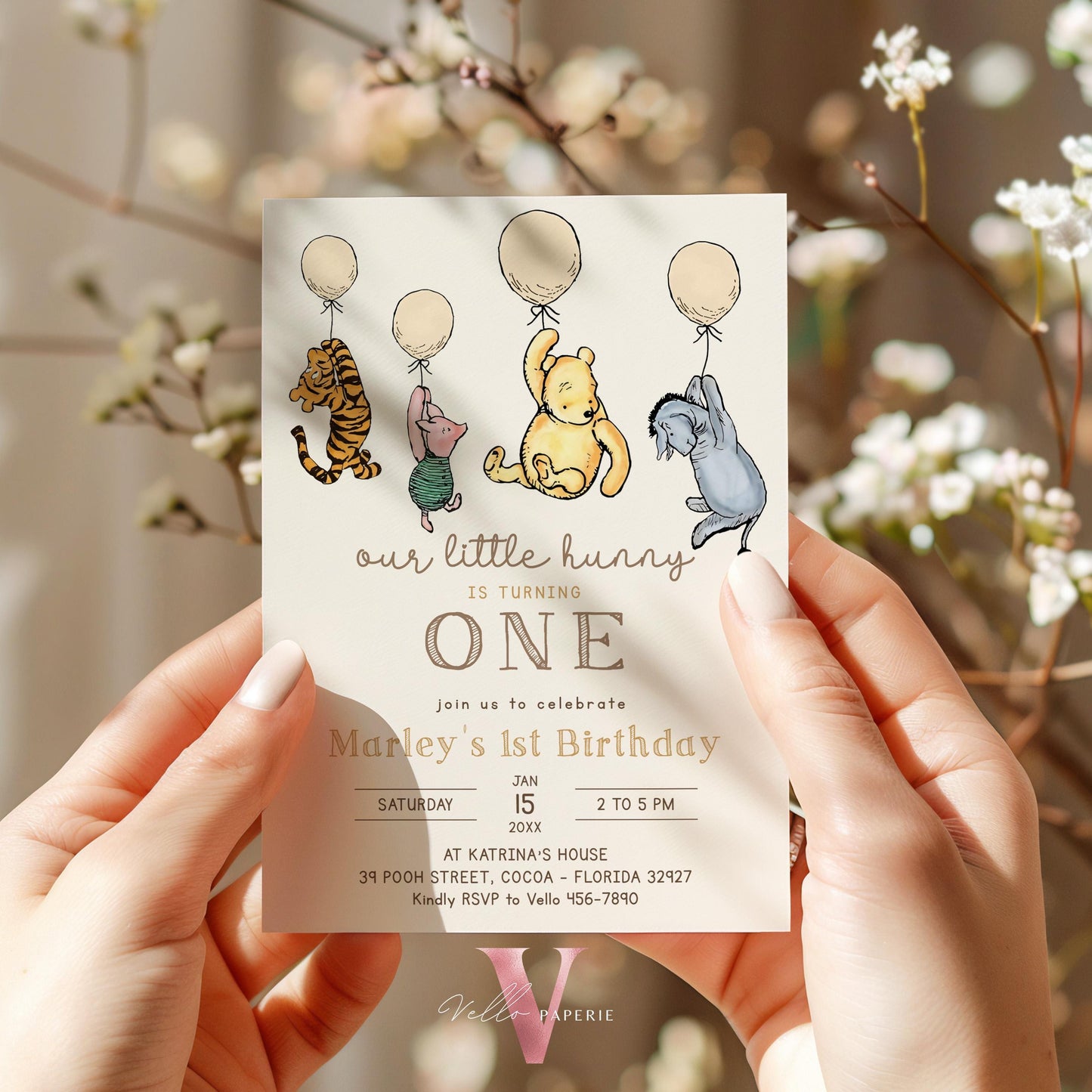 Winnie the Pooh First / ANY AGE Birthday Invitation | Editable Winnie The Pooh Birthday Party Invite | Beige Colorful Balloon Pooh & Friends