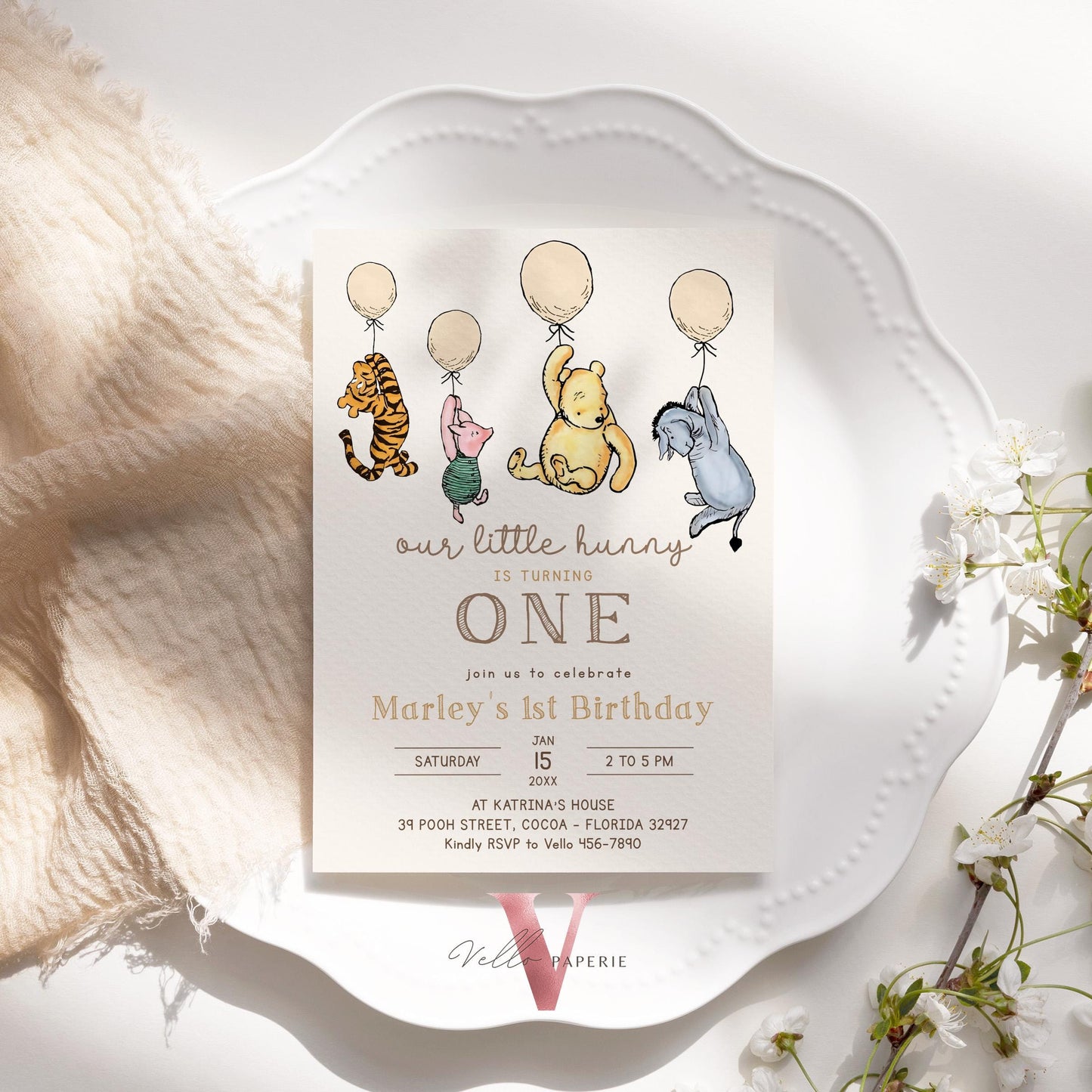 Winnie the Pooh First / ANY AGE Birthday Invitation | Editable Winnie The Pooh Birthday Party Invite | Beige Colorful Balloon Pooh & Friends