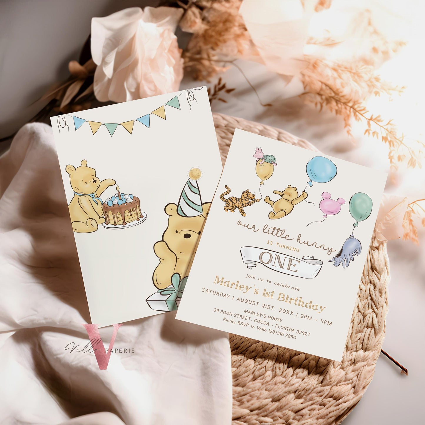 Winnie the Pooh First / ANY AGE Birthday Invitation | Editable Winnie The Pooh Birthday Party Invite | Beige Colorful Balloon Pooh & Friends