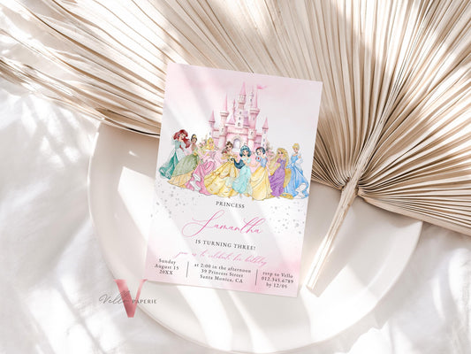 Editable Full Princess Royal Birthday Invitation | Once Upon a Time Birthday Party Girl | Blush Pink Silver Princess Watercolor Invite