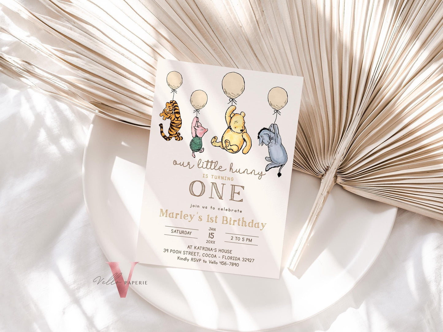 Winnie the Pooh First / ANY AGE Birthday Invitation | Editable Winnie The Pooh Birthday Party Invite | Beige Colorful Balloon Pooh & Friends