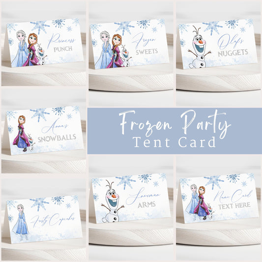 Editable Printable Any Age Frozen Birthday Tent Card | Glitter Silver Snow Princess Anna Elsa Party Table Card, Name Label, Food Label FBP01