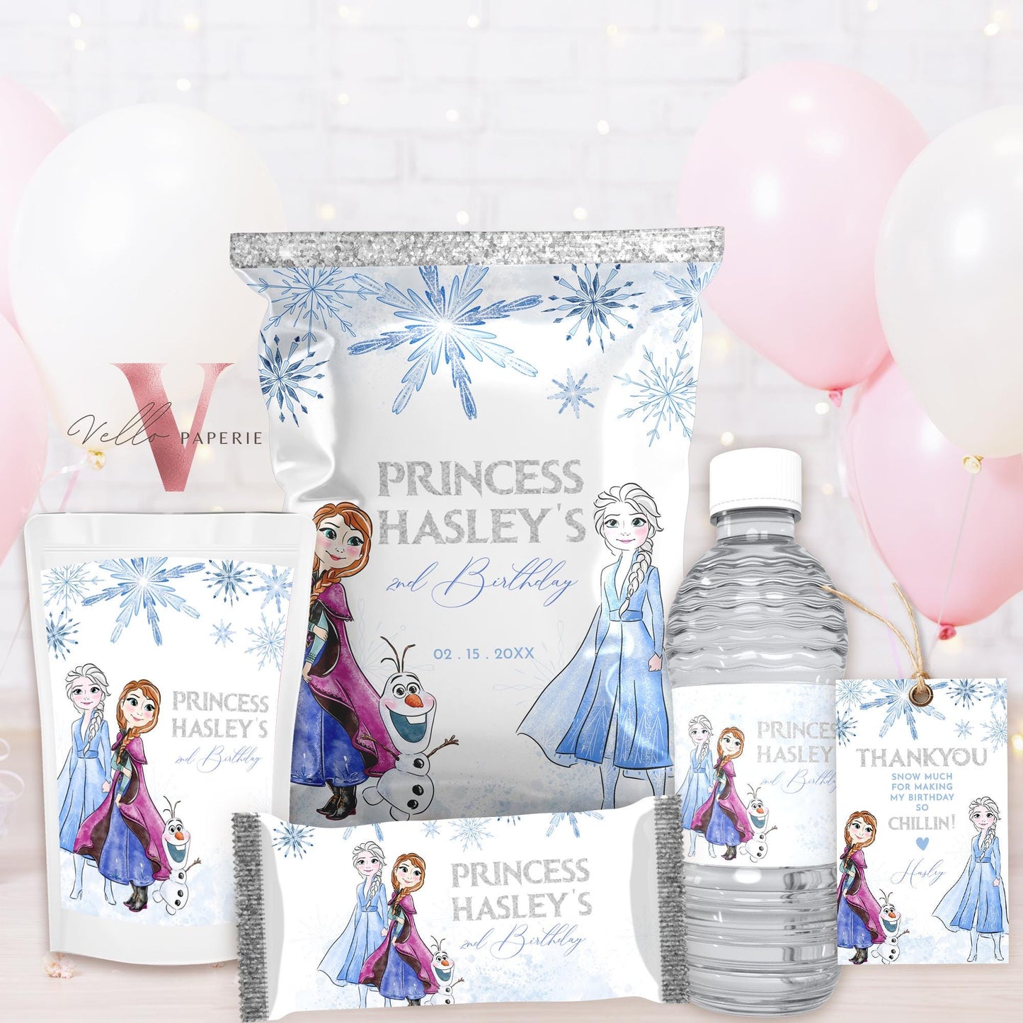 Any Age Frozen Birthday Party Favors | Glitter Silver Snow Princess Anna Elsa Party Decor, Chips Bag, Water Bottle Label, Caprisun FBP01