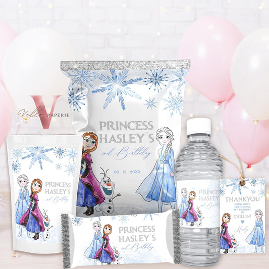 Any Age Frozen Birthday Party Favors | Glitter Silver Snow Princess Anna Elsa Party Decor, Chips Bag, Water Bottle Label, Caprisun FBP01