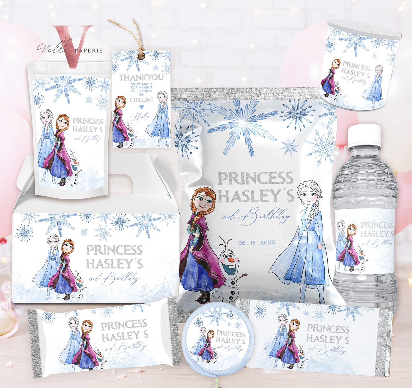 Editable Printable Any Age Frozen Birthday Party Favor | Glitter Silver Snow Princess Anna Elsa Chip Bag, Water Bottle Label, Caprisun FBP01