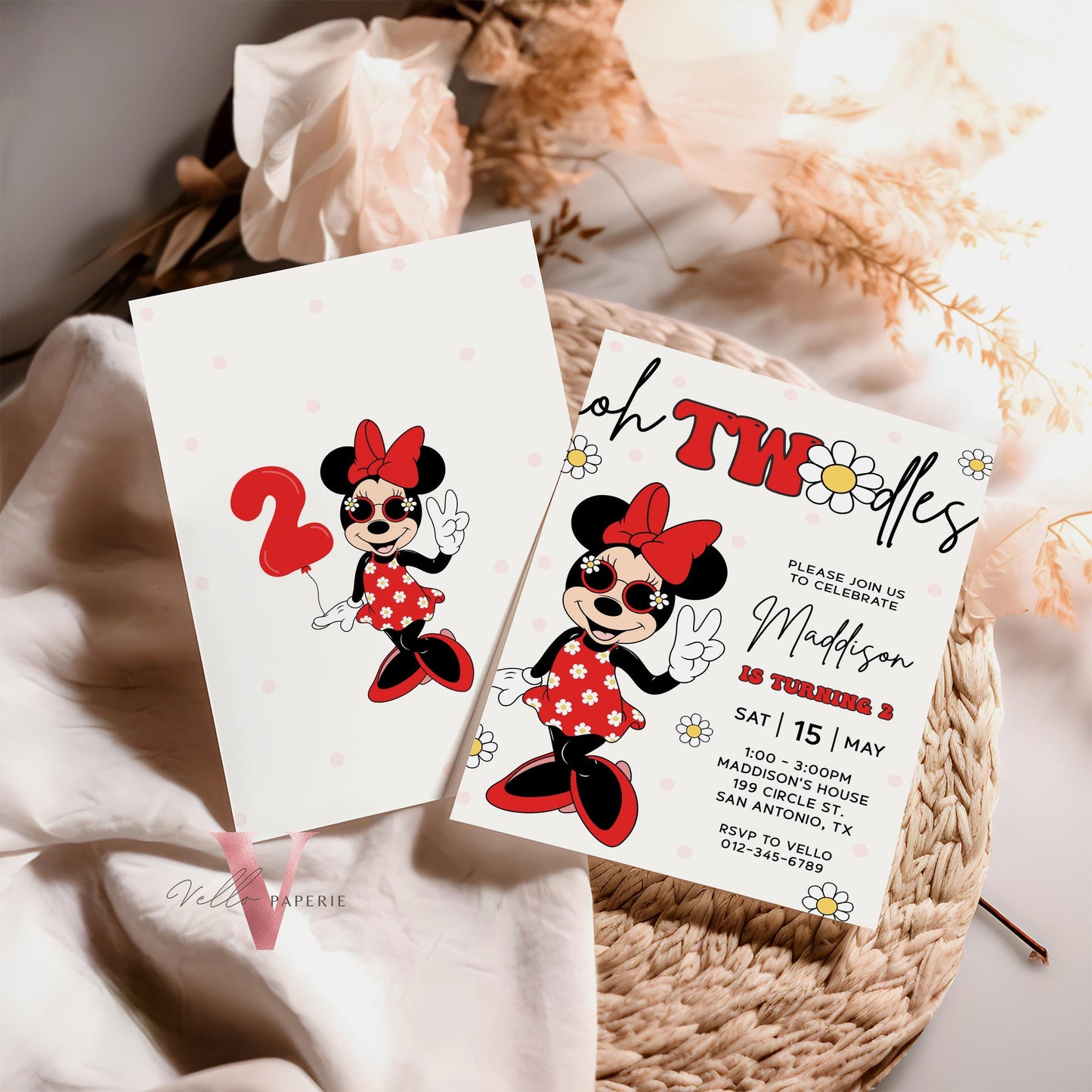 Oh TWOdles Groovy Red Minnie Mouse Birthday Invitation | Red White Polkadot Invite 2 Years Old Girl | Minnie Groovy Second Birthday