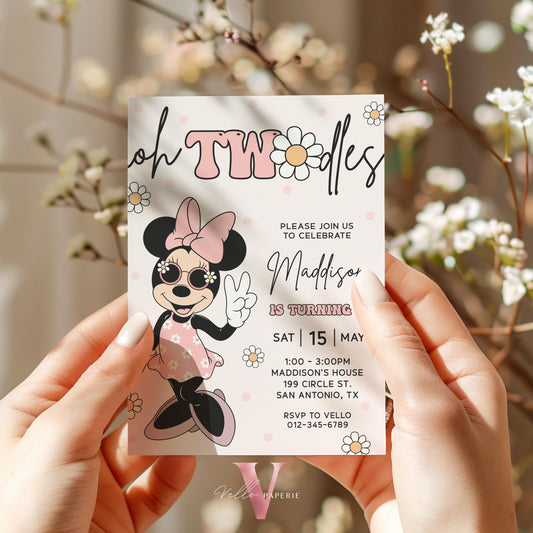 Oh TWOdles Groovy Minnie Mouse Birthday Invitation | Light Peach White Polkadot Invite 2 Years Old Girl | Minnie Groovy Second Birthday