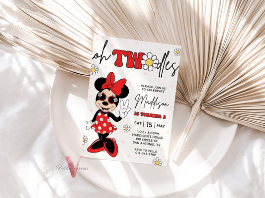 Oh TWOdles Groovy Red Minnie Mouse Birthday Invitation | Red White Polkadot Invite 2 Years Old Girl | Minnie Groovy Second Birthday