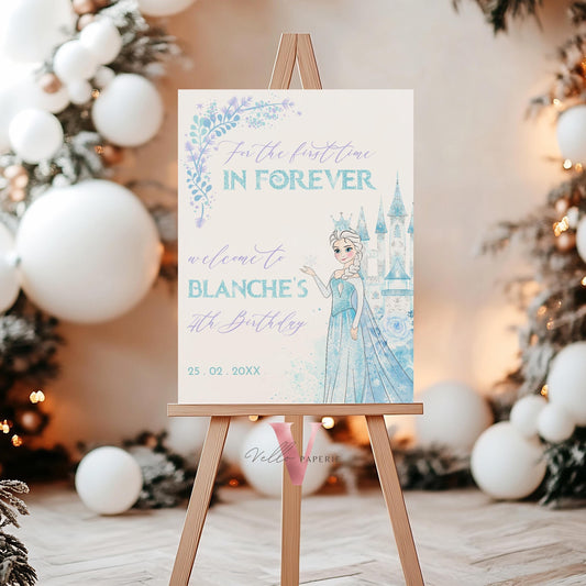 4 size ANY AGE Ice Blue Frozen Theme Birthday Party Welcome Sign | Watercolor Princess Elsa Birthday Decor Sign | Winter Snow Princess FBP02