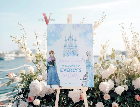 4 size ANY AGE Frozen Birthday Party Welcome Sign | Watercolor Princess Elsa Anna Birthday Decor Sign | Winter Snow Ice Princess FBP03