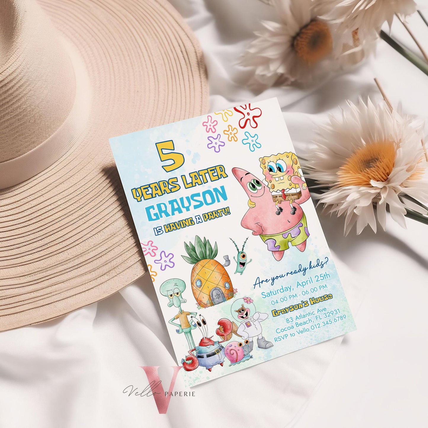 Editable Printable Spongebob Birthday Invitation | Watercolor Spongebob Square Pants Colorful Birthday Party Invite | Any Age Bikini Bottom