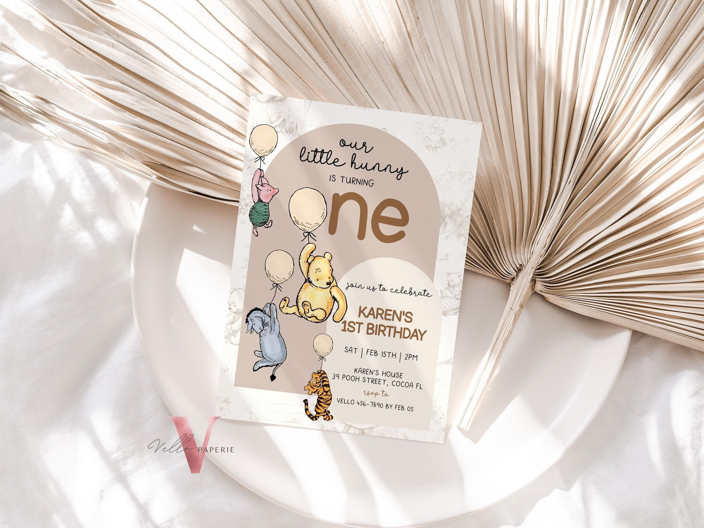 Classic Winnie the Pooh First Birthday Invitation | Editable Winnie The Pooh 1st Birthday Party Invite | Beige Balloon Pooh Toile de Juoy