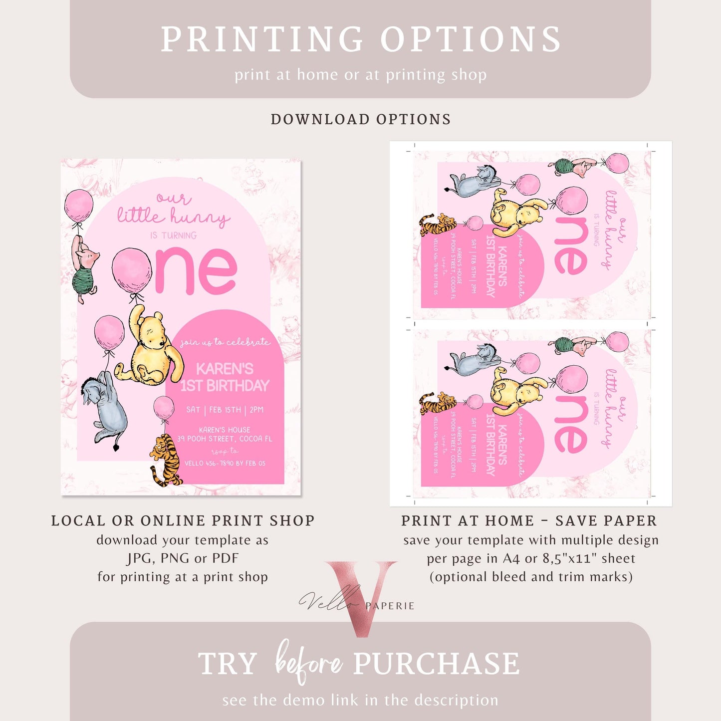 Classic Winnie the Pooh First Birthday Invitation | Editable Winnie The Pooh 1st Birthday Party Invite | Pink Balloon Pooh Toile de Juoy