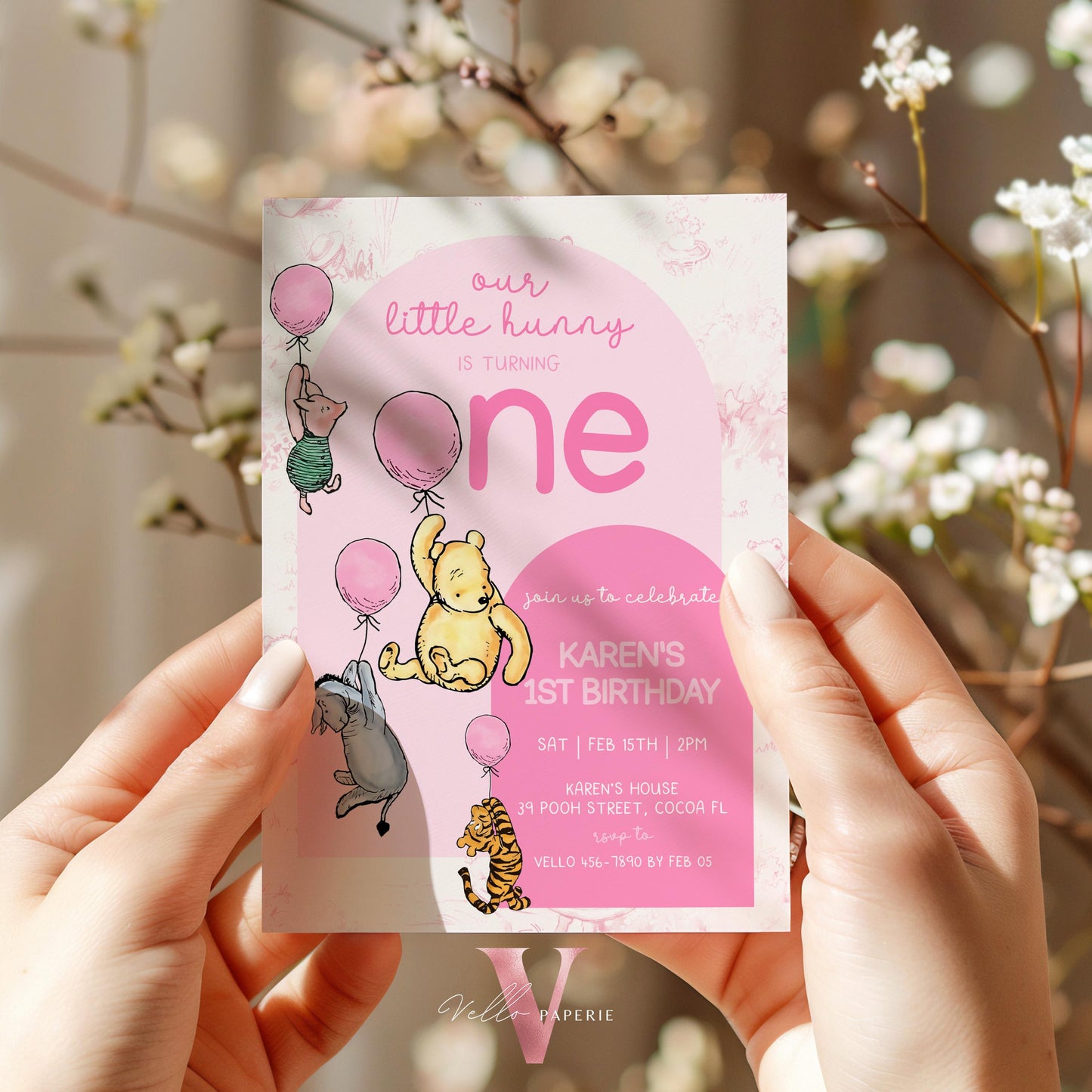 Classic Winnie the Pooh First Birthday Invitation | Editable Winnie The Pooh 1st Birthday Party Invite | Pink Balloon Pooh Toile de Juoy