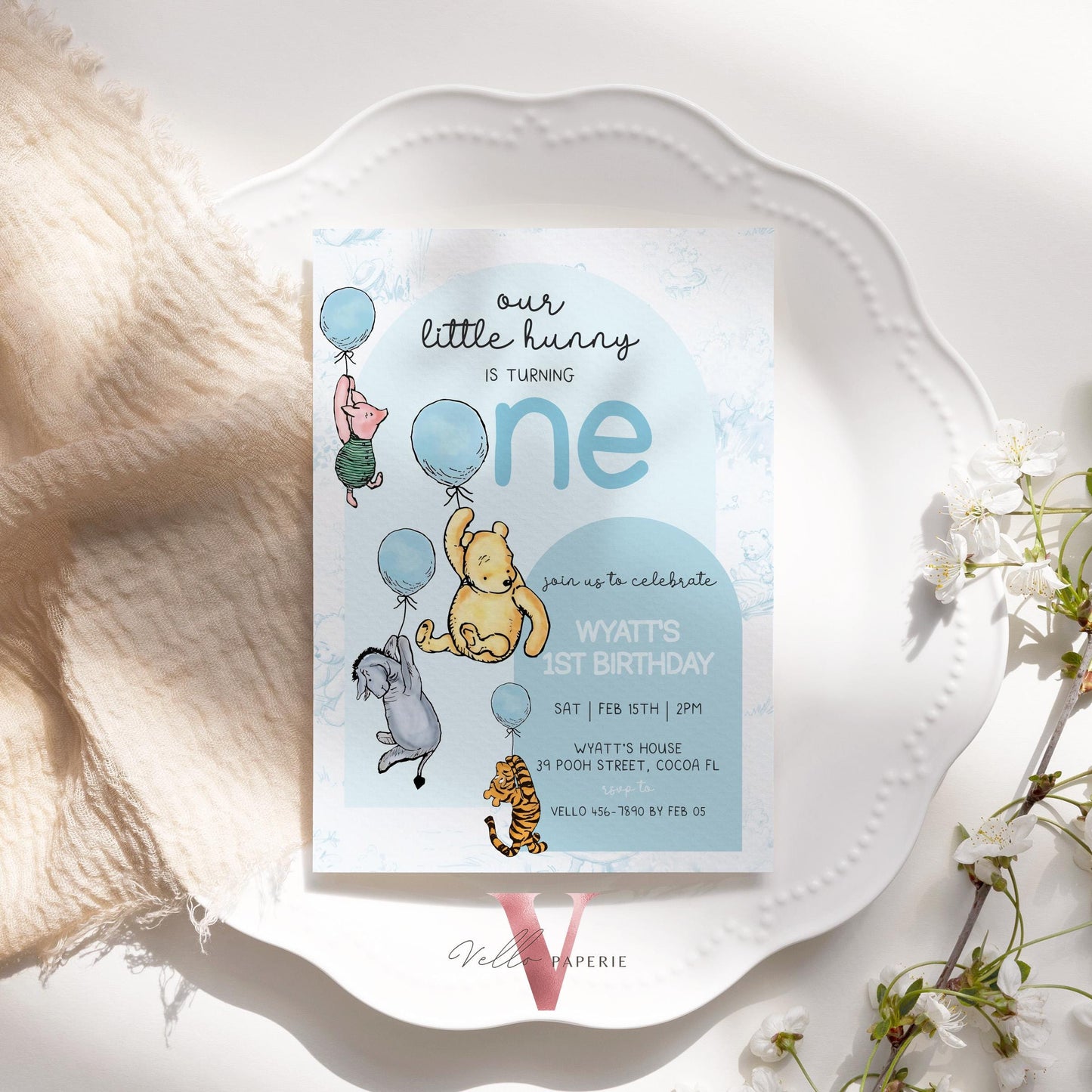 Classic Winnie the Pooh First Birthday Invitation | Editable Winnie The Pooh 1st Birthday Party Invite | Blue Balloon Pooh Toile de Juoy