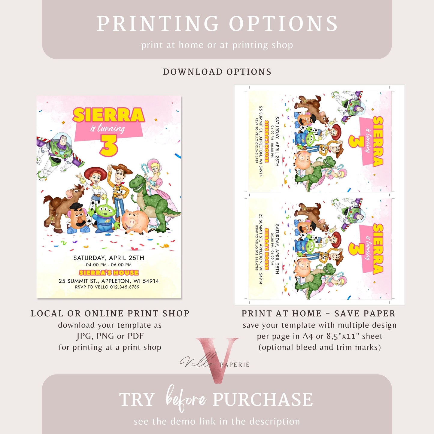 Any Age Pink TOY Story Birthday Invitation | Watercolor Toy Story Girl Theme Colorful Birthday Party Invite | Buzz Woody Jessie