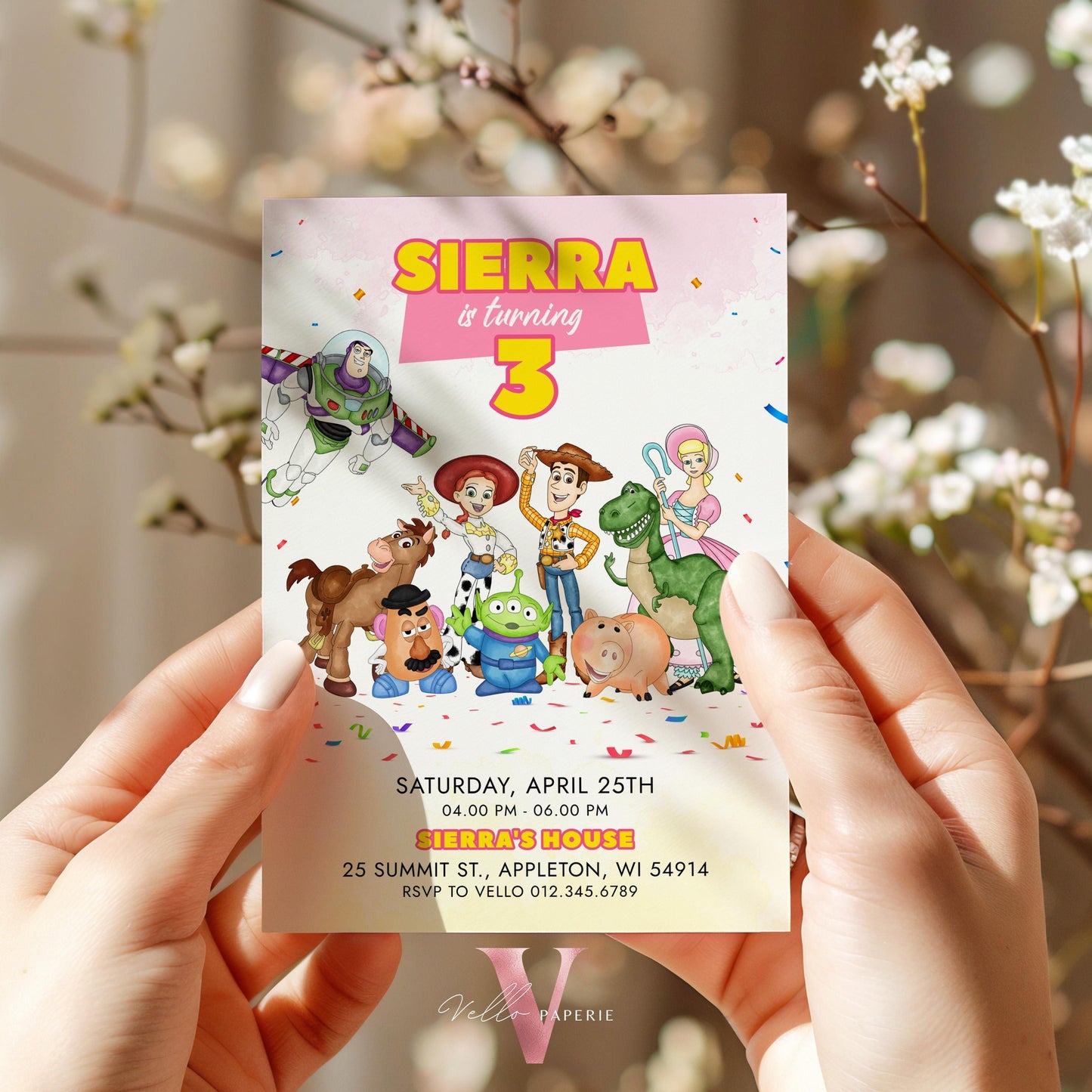 Any Age Pink TOY Story Birthday Invitation | Watercolor Toy Story Girl Theme Colorful Birthday Party Invite | Buzz Woody Jessie