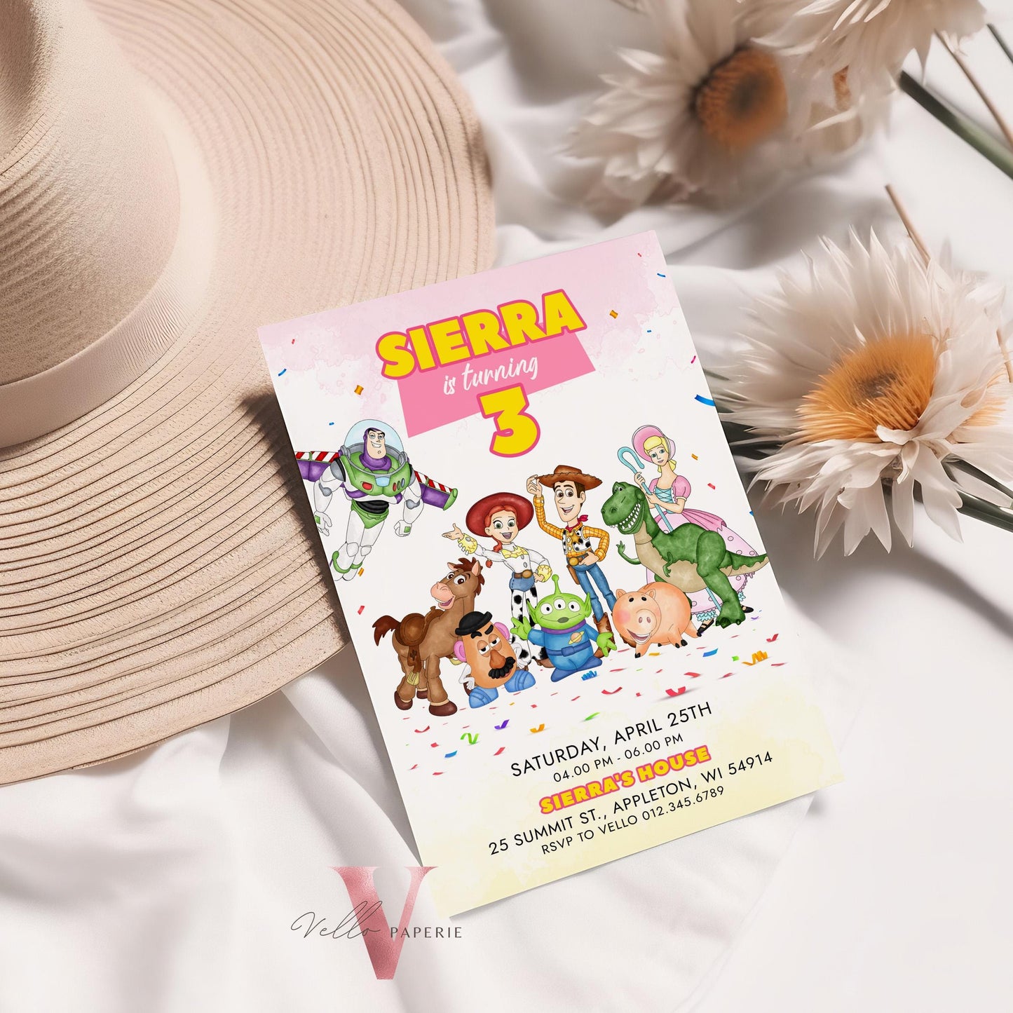 Any Age Pink TOY Story Birthday Invitation | Watercolor Toy Story Girl Theme Colorful Birthday Party Invite | Buzz Woody Jessie