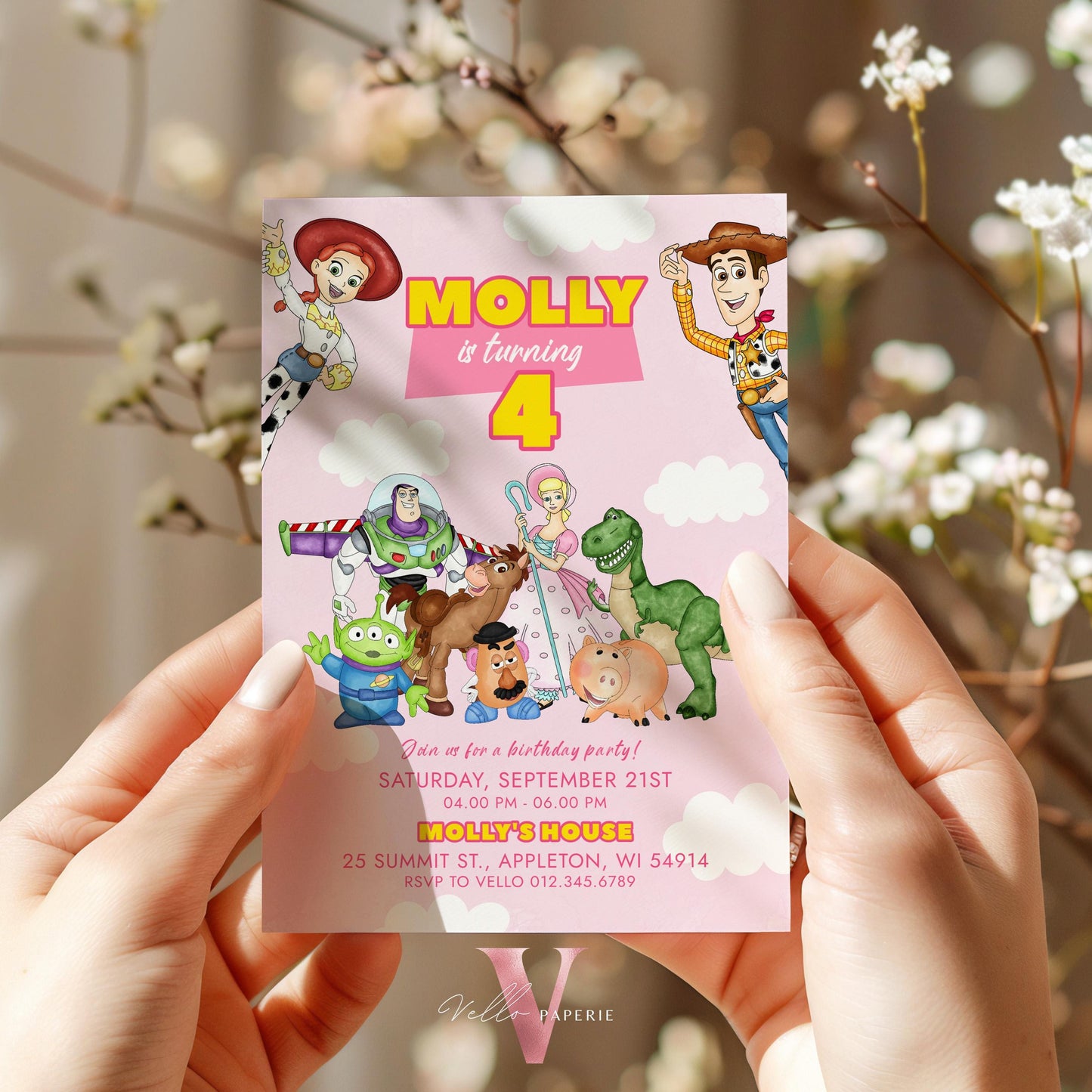 Any Age Pink TOY Story Birthday Invitation | Watercolor Toy Story Girl Theme Colorful Birthday Party Invite | Buzz Woody Jessie