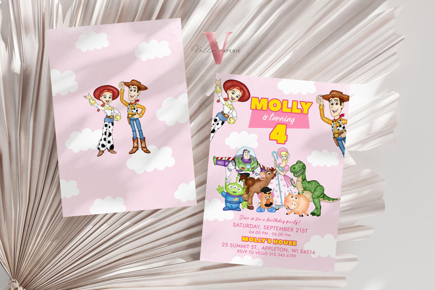 Any Age Pink TOY Story Birthday Invitation | Watercolor Toy Story Girl Theme Colorful Birthday Party Invite | Buzz Woody Jessie