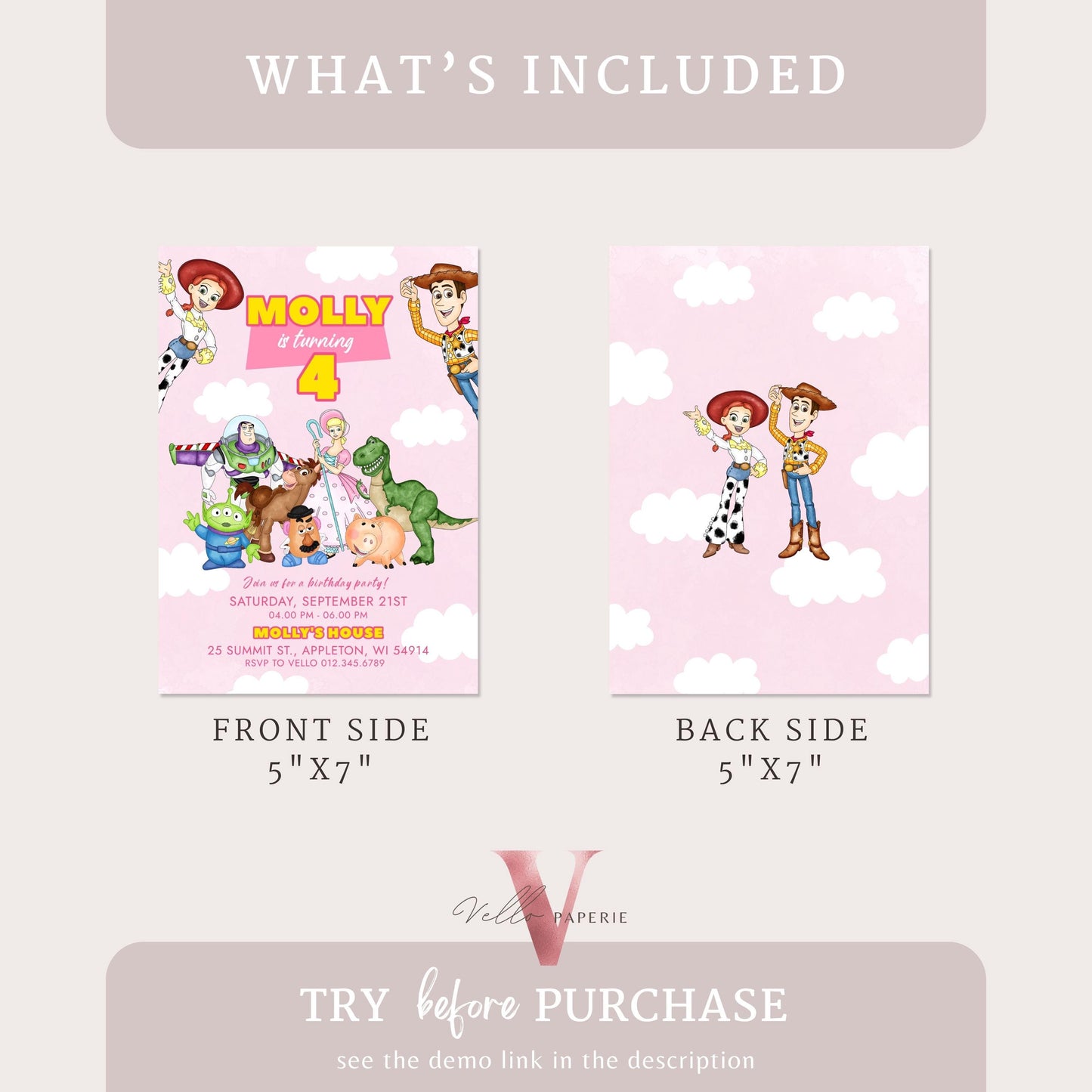 Any Age Pink TOY Story Birthday Invitation | Watercolor Toy Story Girl Theme Colorful Birthday Party Invite | Buzz Woody Jessie