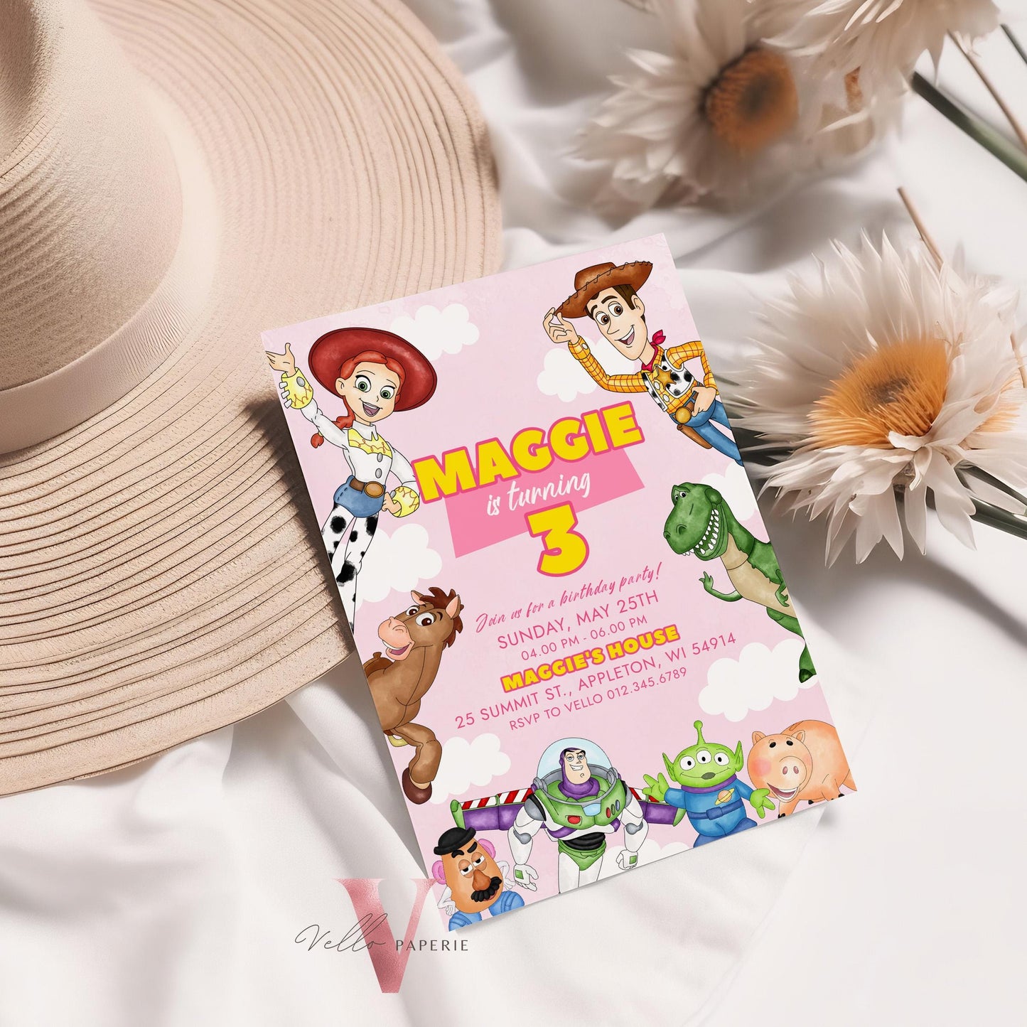 Any Age Pink TOY Story Birthday Invitation | Watercolor Toy Story Girl Theme Colorful Birthday Party Invite | Buzz Woody Jessie