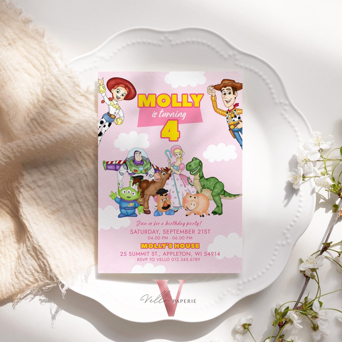 Any Age Pink TOY Story Birthday Invitation | Watercolor Toy Story Girl Theme Colorful Birthday Party Invite | Buzz Woody Jessie