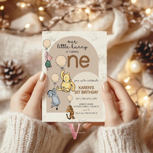 Classic Winnie the Pooh First Birthday Invitation | Editable Winnie The Pooh 1st Birthday Party Invite | Beige Balloon Pooh Toile de Juoy