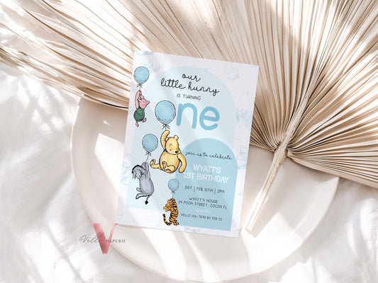 Classic Winnie the Pooh First Birthday Invitation | Editable Winnie The Pooh 1st Birthday Party Invite | Blue Balloon Pooh Toile de Juoy