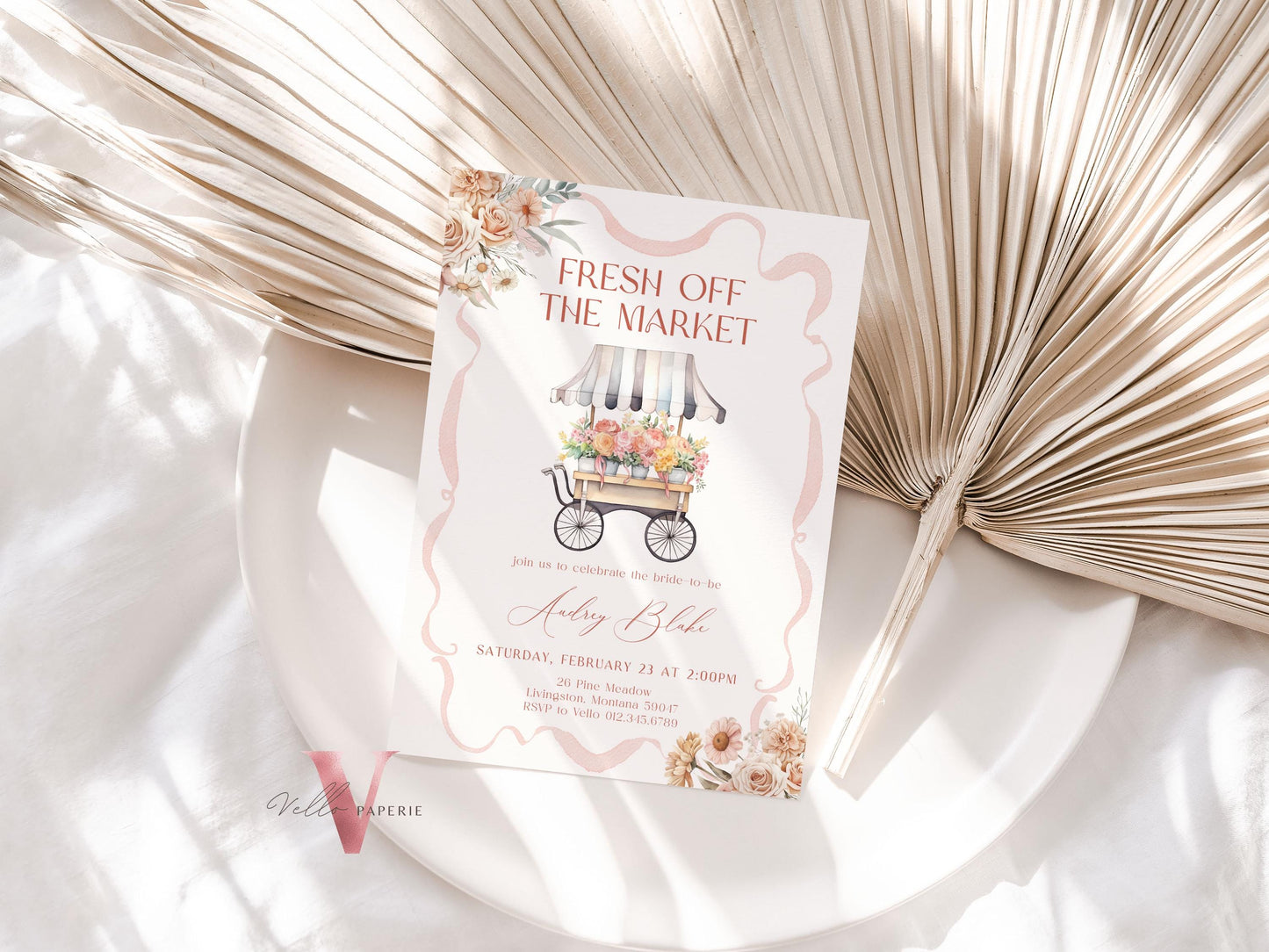 Beige Blush Pink Off the Market Bridal Shower Party Invitation | She's off the Market Invite | Bow Flower Florist Cart Watercolor Instant