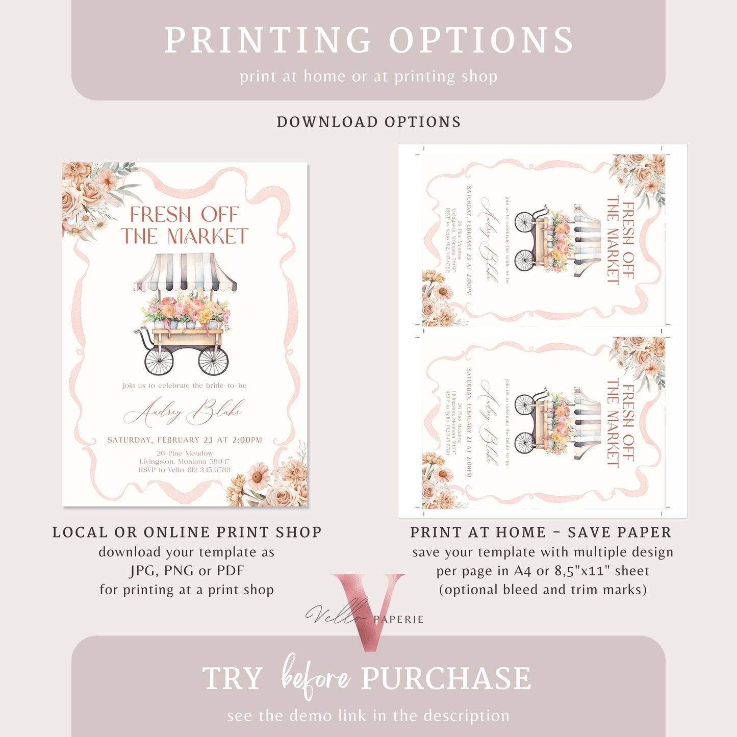 Beige Blush Pink Off the Market Bridal Shower Party Invitation | She's off the Market Invite | Bow Flower Florist Cart Watercolor Instant