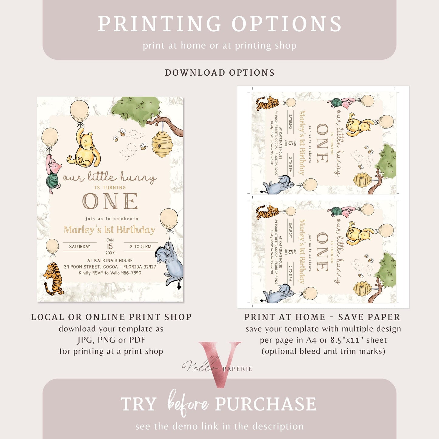 Classic Winnie the Pooh First Birthday Invitation | Editable Winnie The Pooh 1st Birthday Party Invite | Beige Balloon Pooh Toile de Juoy