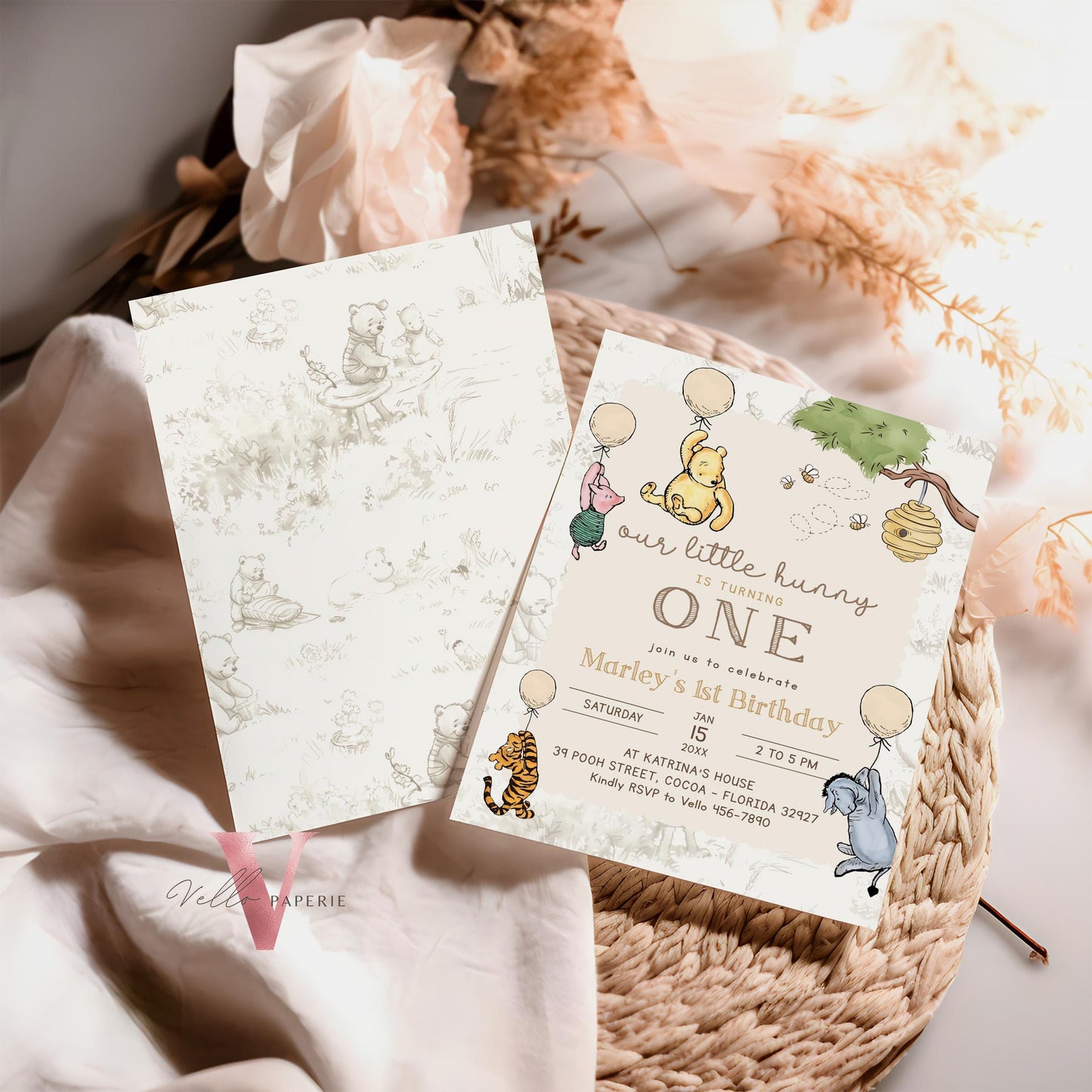 Classic Winnie the Pooh First Birthday Invitation | Editable Winnie The Pooh 1st Birthday Party Invite | Beige Balloon Pooh Toile de Juoy