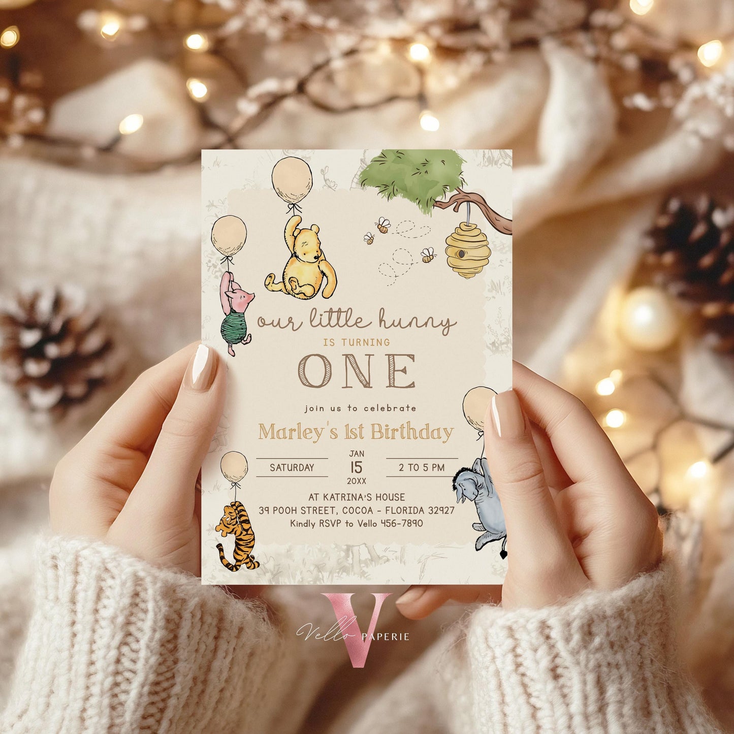 Classic Winnie the Pooh First Birthday Invitation | Editable Winnie The Pooh 1st Birthday Party Invite | Beige Balloon Pooh Toile de Juoy