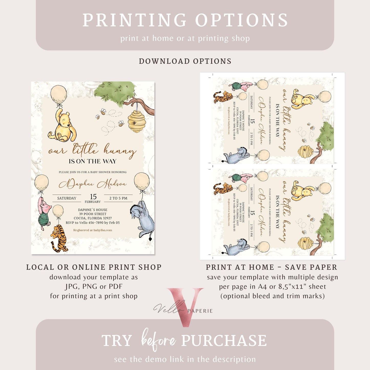 Balloon Winnie the Pooh Baby Shower Invitation | Editable Printable Beige Toile de Juoy, Little Hunny Pooh Baby Shower Party Invite WTP01