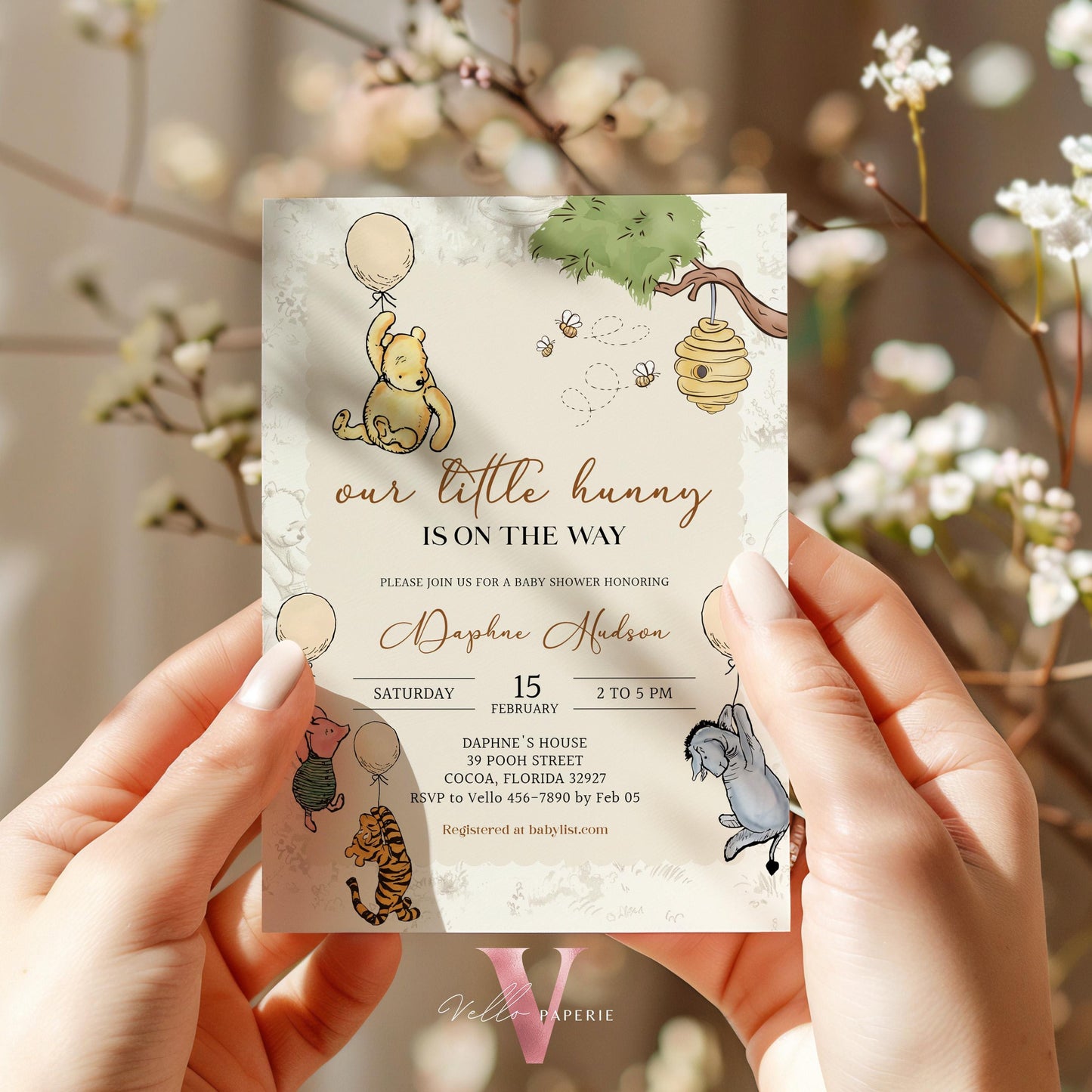 Balloon Winnie the Pooh Baby Shower Invitation | Editable Printable Beige Toile de Juoy, Little Hunny Pooh Baby Shower Party Invite WTP01