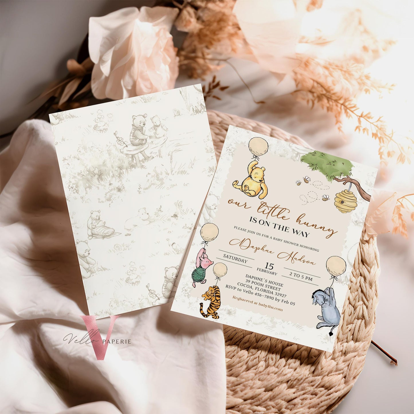 Balloon Winnie the Pooh Baby Shower Invitation | Editable Printable Beige Toile de Juoy, Little Hunny Pooh Baby Shower Party Invite WTP01